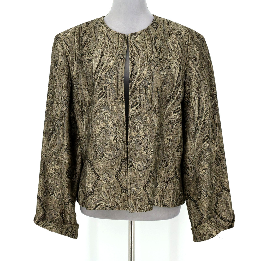 Jones NY Jacket Womens 16 Gold Black Paisley Lined Blazer Brocade Career Vtg